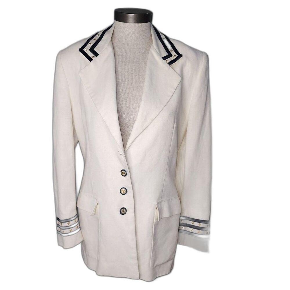 Vintage Cream & Navy Blue Linen Blend Captains Blazer Size 12